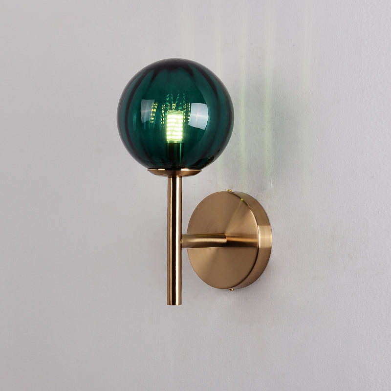Round Wall Lighting Simplicity Red/Green/Amber Glass 1 Bulb Bedside Sconce Light Fixture with Pencil Arm Clearhalo 'Cast Iron' 'Glass' 'Industrial' 'Modern wall lights' 'Modern' 'Tiffany' 'Traditional wall lights' 'Wall Lamps & Sconces' 'Wall Lights' Lighting' 1604621
