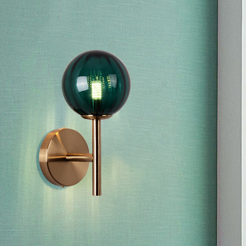 Round Wall Lighting Simplicity Red/Green/Amber Glass 1 Bulb Bedside Sconce Light Fixture with Pencil Arm Green Clearhalo 'Cast Iron' 'Glass' 'Industrial' 'Modern wall lights' 'Modern' 'Tiffany' 'Traditional wall lights' 'Wall Lamps & Sconces' 'Wall Lights' Lighting' 1604622