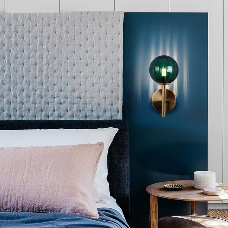 Round Wall Lighting Simplicity Red/Green/Amber Glass 1 Bulb Bedside Sconce Light Fixture with Pencil Arm Clearhalo 'Cast Iron' 'Glass' 'Industrial' 'Modern wall lights' 'Modern' 'Tiffany' 'Traditional wall lights' 'Wall Lamps & Sconces' 'Wall Lights' Lighting' 1604623