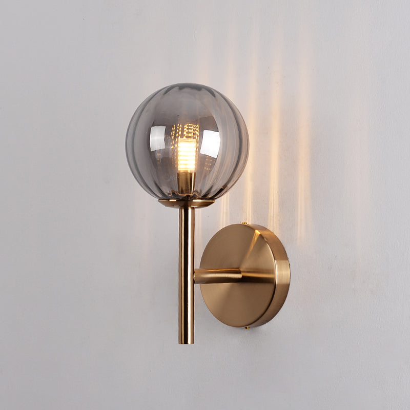 Round Wall Lighting Simplicity Red/Green/Amber Glass 1 Bulb Bedside Sconce Light Fixture with Pencil Arm Smoke Gray Clearhalo 'Cast Iron' 'Glass' 'Industrial' 'Modern wall lights' 'Modern' 'Tiffany' 'Traditional wall lights' 'Wall Lamps & Sconces' 'Wall Lights' Lighting' 1604628