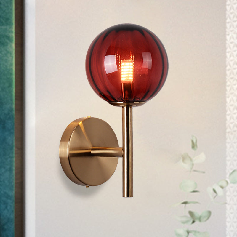 Round Wall Lighting Simplicity Red/Green/Amber Glass 1 Bulb Bedside Sconce Light Fixture with Pencil Arm Clearhalo 'Cast Iron' 'Glass' 'Industrial' 'Modern wall lights' 'Modern' 'Tiffany' 'Traditional wall lights' 'Wall Lamps & Sconces' 'Wall Lights' Lighting' 1604632