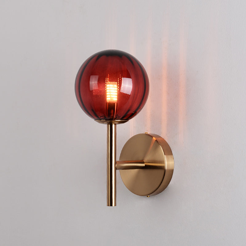 Round Wall Lighting Simplicity Red/Green/Amber Glass 1 Bulb Bedside Sconce Light Fixture with Pencil Arm Red Clearhalo 'Cast Iron' 'Glass' 'Industrial' 'Modern wall lights' 'Modern' 'Tiffany' 'Traditional wall lights' 'Wall Lamps & Sconces' 'Wall Lights' Lighting' 1604633
