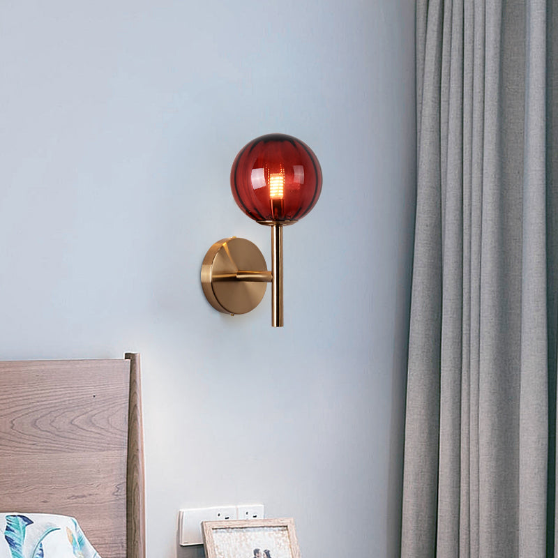 Round Wall Lighting Simplicity Red/Green/Amber Glass 1 Bulb Bedside Sconce Light Fixture with Pencil Arm Clearhalo 'Cast Iron' 'Glass' 'Industrial' 'Modern wall lights' 'Modern' 'Tiffany' 'Traditional wall lights' 'Wall Lamps & Sconces' 'Wall Lights' Lighting' 1604634
