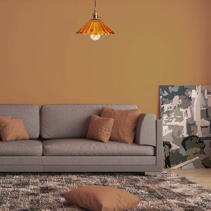 Scalloped Living Room Pendant Lamp Antiqued Grey/Orange/Blue Prismatic Glass 1 Bulb Brass Hanging Light Kit Clearhalo 'Ceiling Lights' 'Glass shade' 'Glass' 'Industrial Pendants' 'Industrial' 'Middle Century Pendants' 'Pendant Lights' 'Pendants' 'Tiffany' Lighting' 1604706