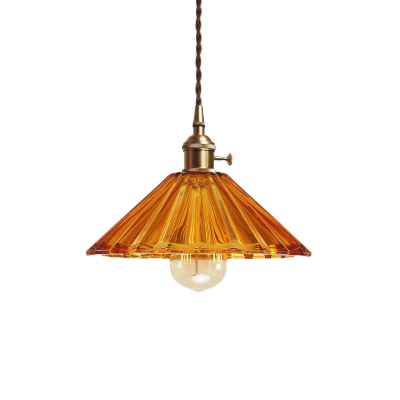 Scalloped Living Room Pendant Lamp Antiqued Grey/Orange/Blue Prismatic Glass 1 Bulb Brass Hanging Light Kit Clearhalo 'Ceiling Lights' 'Glass shade' 'Glass' 'Industrial Pendants' 'Industrial' 'Middle Century Pendants' 'Pendant Lights' 'Pendants' 'Tiffany' Lighting' 1604707