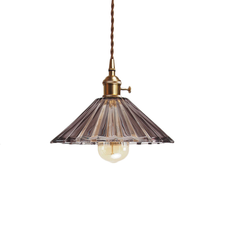 Scalloped Living Room Pendant Lamp Antiqued Grey/Orange/Blue Prismatic Glass 1 Bulb Brass Hanging Light Kit Clearhalo 'Ceiling Lights' 'Glass shade' 'Glass' 'Industrial Pendants' 'Industrial' 'Middle Century Pendants' 'Pendant Lights' 'Pendants' 'Tiffany' Lighting' 1604710