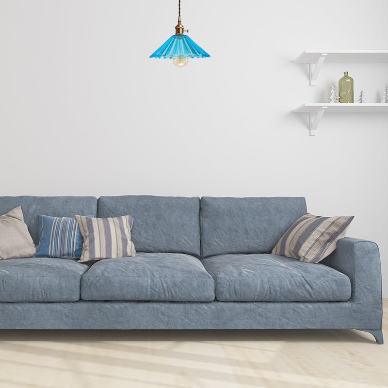 Scalloped Living Room Pendant Lamp Antiqued Grey/Orange/Blue Prismatic Glass 1 Bulb Brass Hanging Light Kit Clearhalo 'Ceiling Lights' 'Glass shade' 'Glass' 'Industrial Pendants' 'Industrial' 'Middle Century Pendants' 'Pendant Lights' 'Pendants' 'Tiffany' Lighting' 1604712