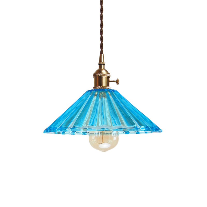 Scalloped Living Room Pendant Lamp Antiqued Grey/Orange/Blue Prismatic Glass 1 Bulb Brass Hanging Light Kit Clearhalo 'Ceiling Lights' 'Glass shade' 'Glass' 'Industrial Pendants' 'Industrial' 'Middle Century Pendants' 'Pendant Lights' 'Pendants' 'Tiffany' Lighting' 1604713