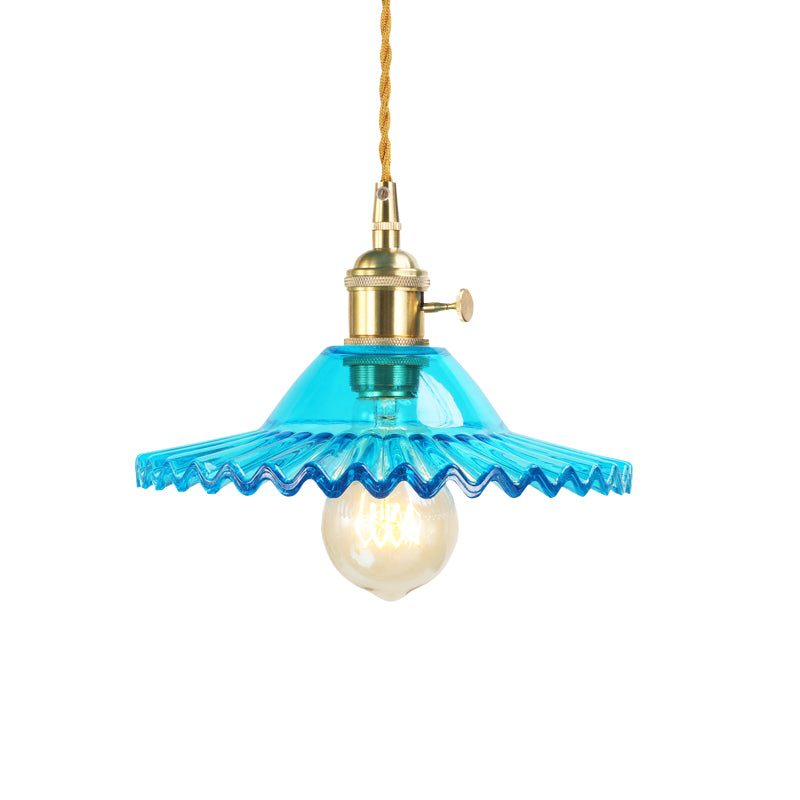 1 Light Hanging Lighting Industrial Scalloped Shade Blue Prismatic Glass Pendant Lamp Fixture Clearhalo 'Ceiling Lights' 'Glass shade' 'Glass' 'Industrial Pendants' 'Industrial' 'Middle Century Pendants' 'Pendant Lights' 'Pendants' 'Tiffany' Lighting' 1604729