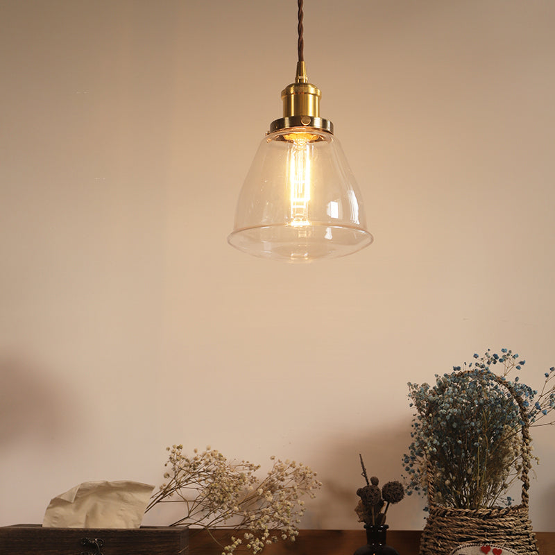 Brass 1 Bulb Pendant Lighting Fixture Vintage Clear Glass Cone Hanging Ceiling Lamp Clearhalo 'Ceiling Lights' 'Glass shade' 'Glass' 'Industrial Pendants' 'Industrial' 'Middle Century Pendants' 'Pendant Lights' 'Pendants' 'Tiffany' Lighting' 1604744