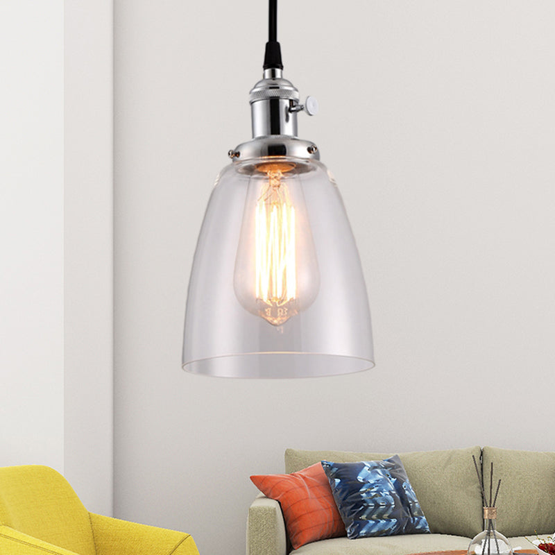 Bell Clear Glass Hanging Light Kit Industrial 1 Bulb Living Room Pendant Lamp with Bronze/Brass/Copper Top Chrome Clearhalo 'Ceiling Lights' 'Glass shade' 'Glass' 'Industrial Pendants' 'Industrial' 'Middle Century Pendants' 'Pendant Lights' 'Pendants' 'Tiffany' Lighting' 1604751