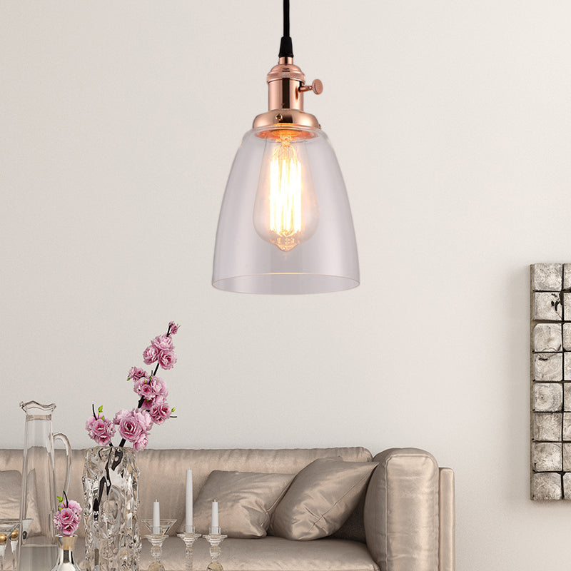 Bell Clear Glass Hanging Light Kit Industrial 1 Bulb Living Room Pendant Lamp with Bronze/Brass/Copper Top Clearhalo 'Ceiling Lights' 'Glass shade' 'Glass' 'Industrial Pendants' 'Industrial' 'Middle Century Pendants' 'Pendant Lights' 'Pendants' 'Tiffany' Lighting' 1604753