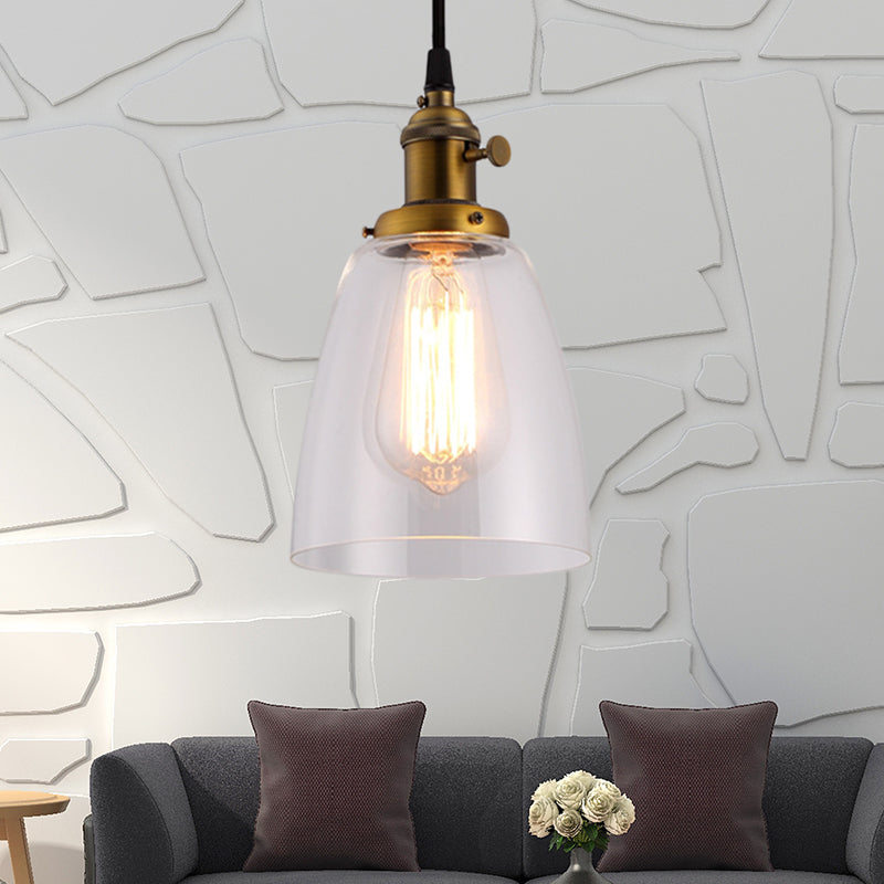 Bell Clear Glass Hanging Light Kit Industrial 1 Bulb Living Room Pendant Lamp with Bronze/Brass/Copper Top Brass Clearhalo 'Ceiling Lights' 'Glass shade' 'Glass' 'Industrial Pendants' 'Industrial' 'Middle Century Pendants' 'Pendant Lights' 'Pendants' 'Tiffany' Lighting' 1604758