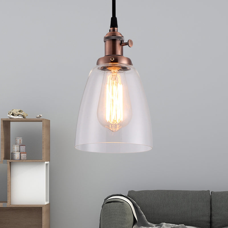 Bell Clear Glass Hanging Light Kit Industrial 1 Bulb Living Room Pendant Lamp with Bronze/Brass/Copper Top Weathered Copper Clearhalo 'Ceiling Lights' 'Glass shade' 'Glass' 'Industrial Pendants' 'Industrial' 'Middle Century Pendants' 'Pendant Lights' 'Pendants' 'Tiffany' Lighting' 1604761