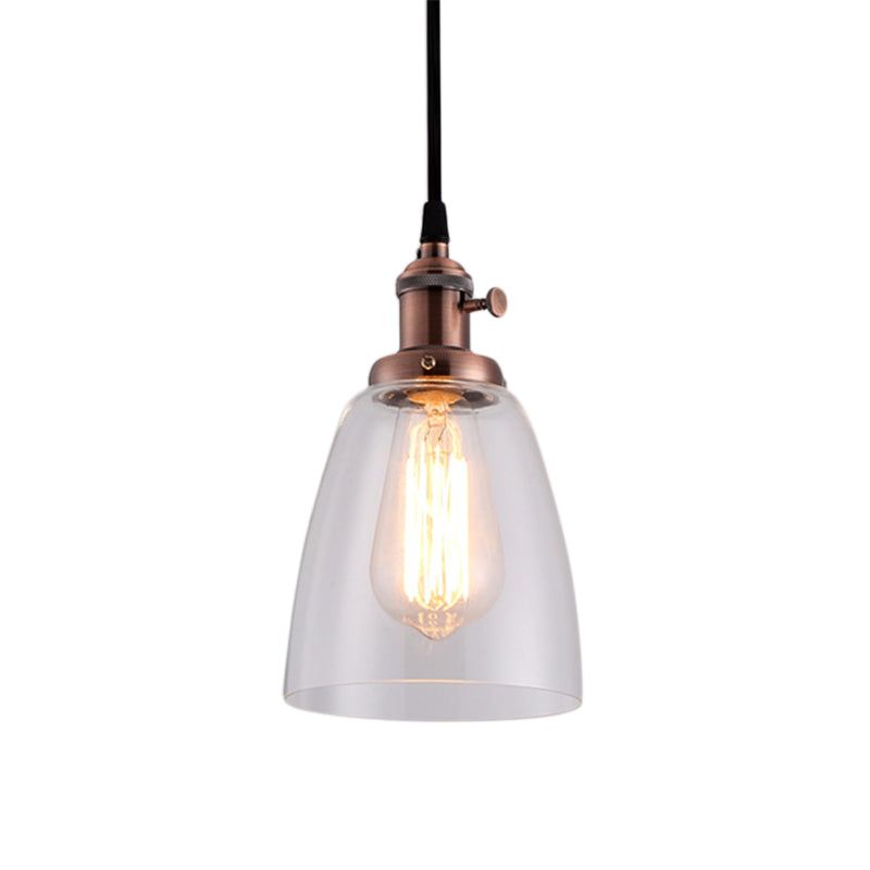 Bell Clear Glass Hanging Light Kit Industrial 1 Bulb Living Room Pendant Lamp with Bronze/Brass/Copper Top Clearhalo 'Ceiling Lights' 'Glass shade' 'Glass' 'Industrial Pendants' 'Industrial' 'Middle Century Pendants' 'Pendant Lights' 'Pendants' 'Tiffany' Lighting' 1604763