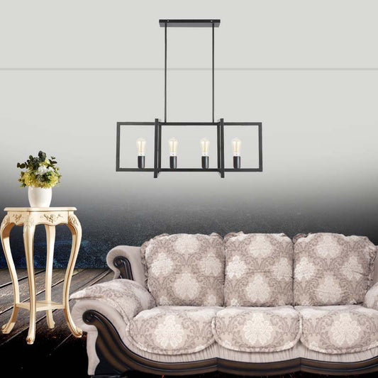 Black 4 Heads Island Pendant Industrial Metal Rectangle Hanging Ceiling Light for Living Room Black Clearhalo 'Ceiling Lights' 'Island Lights' Lighting' 1604793