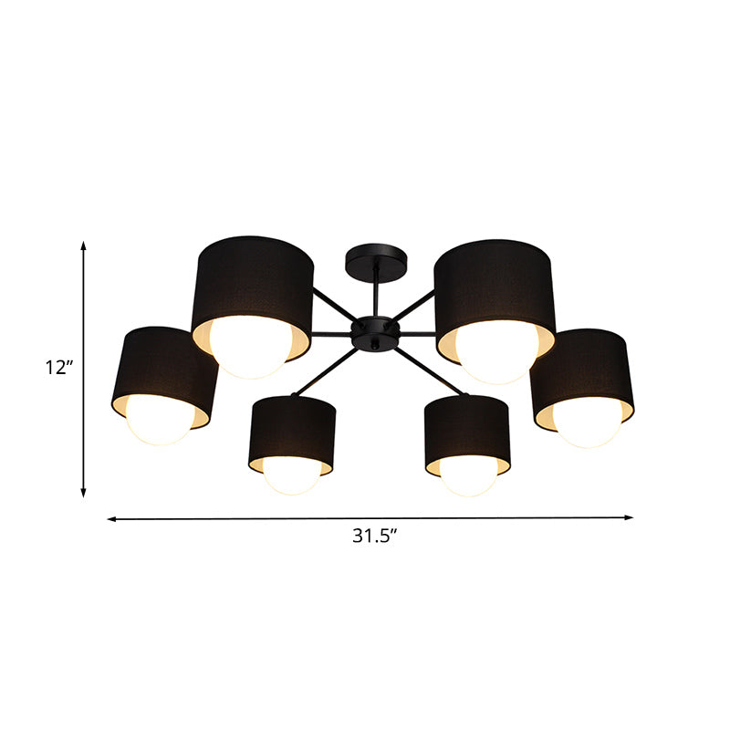 Black Round Semi Flush Ceiling Light Modern 3/6 Bulbs Fabric Flush Mount Chandelier for Sitting Room Clearhalo 'Ceiling Lights' 'Close To Ceiling Lights' 'Close to ceiling' 'Semi-flushmount' Lighting' 1604936