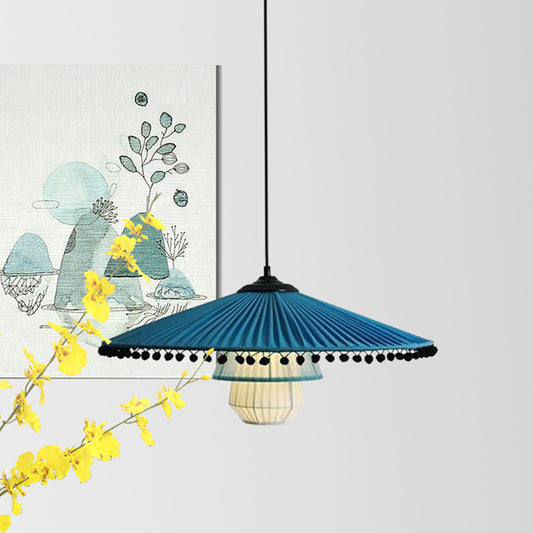Wide Flare Gathered Fabric Pendant Lamp Modern Stylish 1 Head Blue Ceiling Light with Bead Droplet Blue Clearhalo 'Ceiling Lights' 'Modern Pendants' 'Modern' 'Pendant Lights' 'Pendants' Lighting' 1604943
