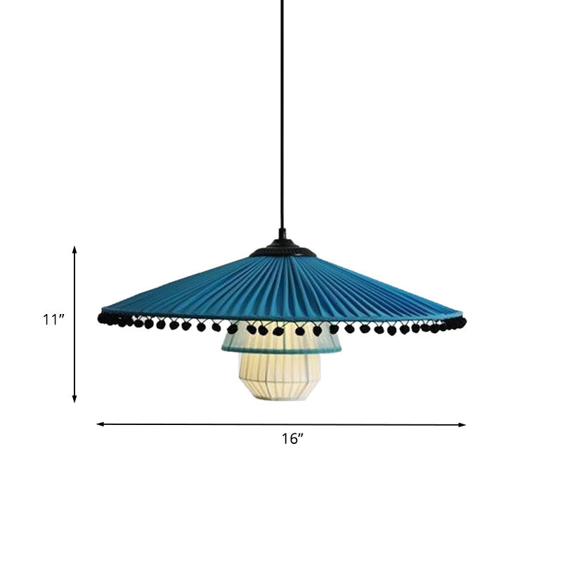 Wide Flare Gathered Fabric Pendant Lamp Modern Stylish 1 Head Blue Ceiling Light with Bead Droplet Clearhalo 'Ceiling Lights' 'Modern Pendants' 'Modern' 'Pendant Lights' 'Pendants' Lighting' 1604946