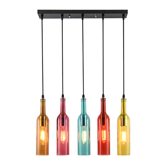 5 Heads Linear Pendant Light Fixture Vintage Style Black Finish Glass Suspension Light with Bottle Shade Clearhalo 'Ceiling Lights' 'Industrial Pendants' 'Industrial' 'Middle Century Pendants' 'Pendant Lights' 'Pendants' 'Tiffany' Lighting' 160499