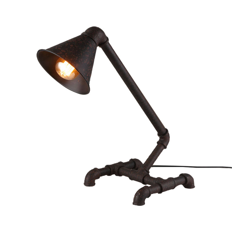 Dark Rust Conical Table Light Industrial Style Metallic 1 Light Bedroom Standing Light with Pipe-Like Base Clearhalo 'Lamps' 'Table Lamps' Lighting' 160733