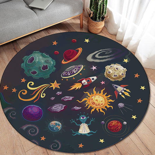 Kids Bedroom Rug in Black Outer Space Alien Planet Rocket Print Rug Polyester Machine Washable Area Rug Clearhalo 'Area Rug' 'Rug' 1608526