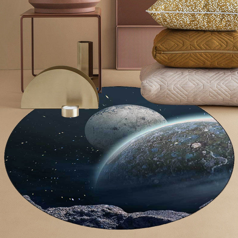 Modern Living Room Rug in Blue and Black Outer Space Planet Print Rug Polyester Pet Friendly Machine Washable Area Rug Clearhalo 'Area Rug' 'Modern' 'Rugs' Rug' 1608767