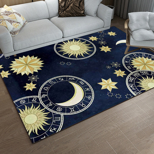 Blue Bedroom Rug Modern Outer Space Sun Moon Pattern Area Rug Polyester Non-Slip Backing Carpet Dark Blue Clearhalo 'Area Rug' 'Modern' 'Rugs' Rug' 1608798