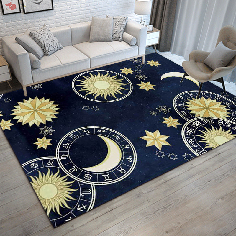 Blue Bedroom Rug Modern Outer Space Sun Moon Pattern Area Rug Polyester Non-Slip Backing Carpet Clearhalo 'Area Rug' 'Modern' 'Rugs' Rug' 1608799