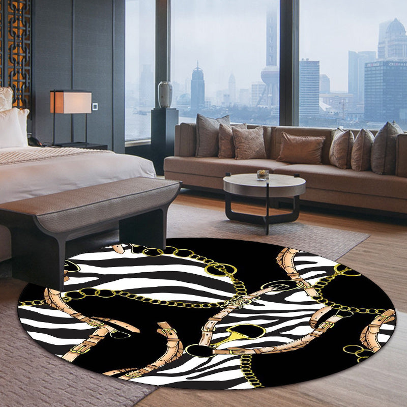 Modern Living Room Rug in Black Zebra Stripe Belt Chain Print Rug Polyester Washable Anti-Slip Area Rug Black Clearhalo 'Area Rug' 'Modern' 'Rugs' Rug' 1608854