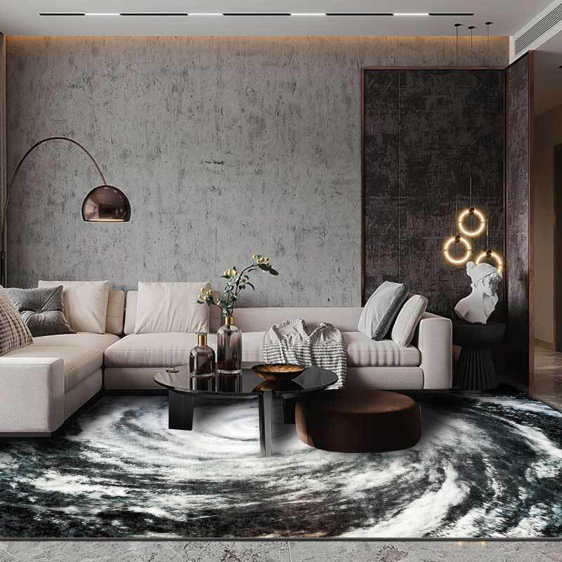 Modern Living Room Rug in Black and White Outer Space Typhoon Eye Print Rug Polyester Non-Slip Area Rug Clearhalo 'Area Rug' 'Modern' 'Rugs' Rug' 1609158