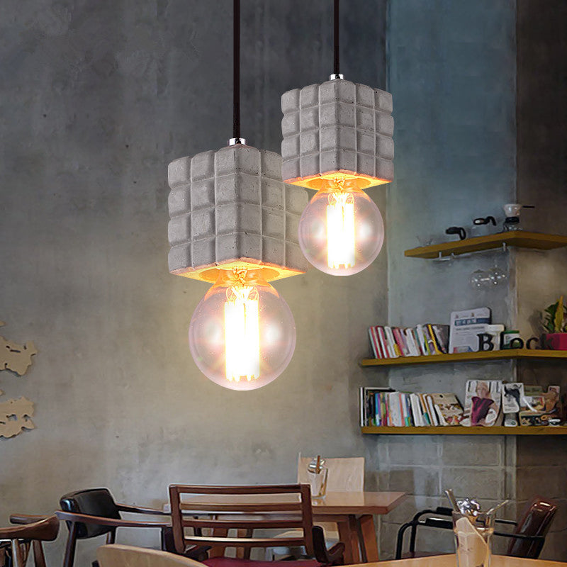 Cement Square Pendant Lighting with Bare Bulb Vintage 1 Light Restaurant Ceiling Lamp in Grey Grey Clearhalo 'Ceiling Lights' 'Modern Pendants' 'Modern' 'Pendant Lights' 'Pendants' Lighting' 160981