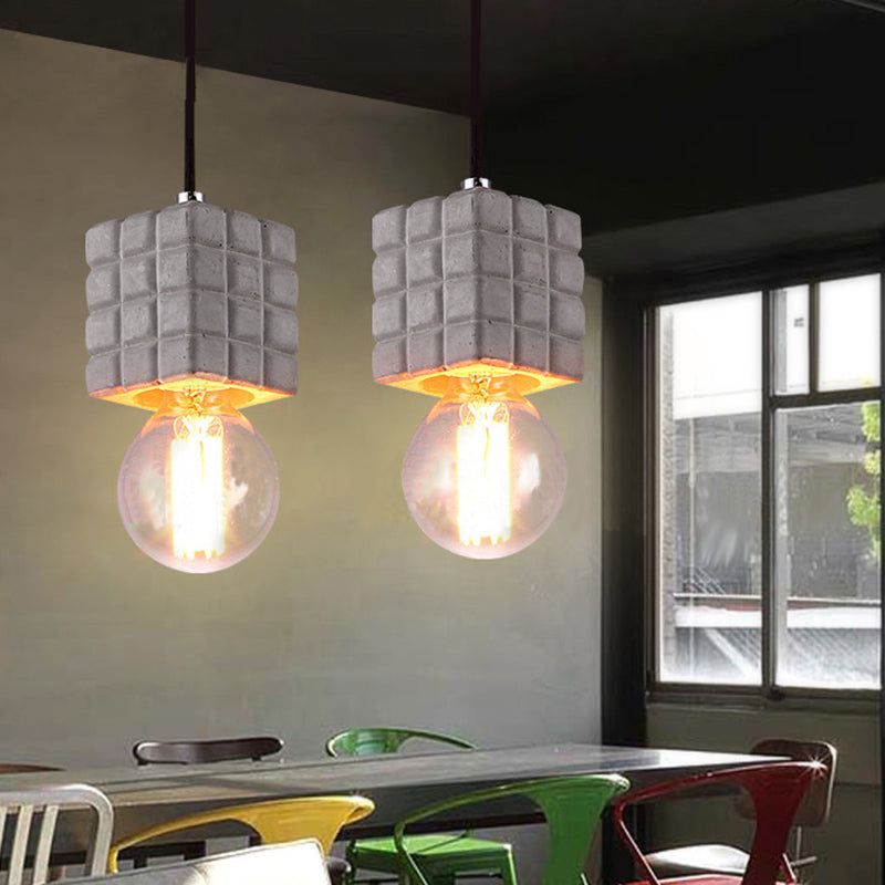 Cement Square Pendant Lighting with Bare Bulb Vintage 1 Light Restaurant Ceiling Lamp in Grey Clearhalo 'Ceiling Lights' 'Modern Pendants' 'Modern' 'Pendant Lights' 'Pendants' Lighting' 160982