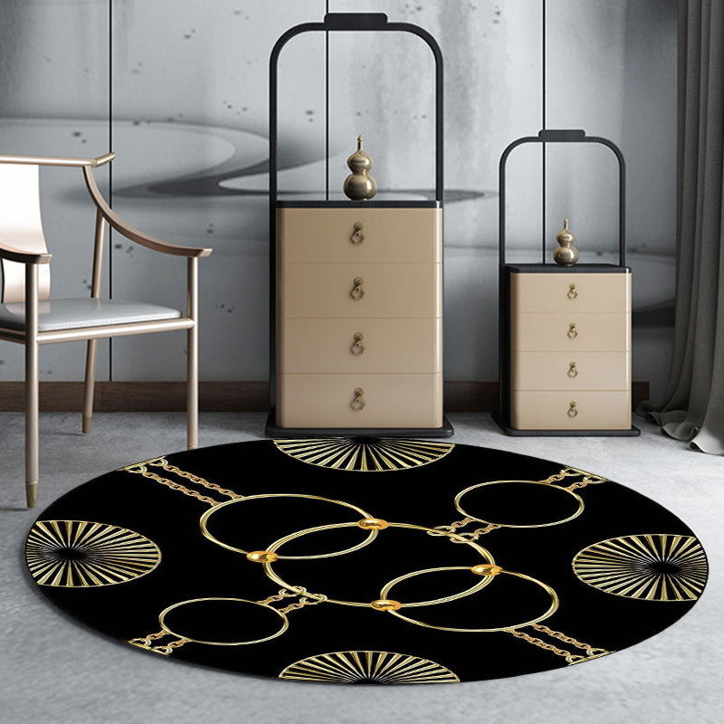 Modern Living Room Rug in White and Black Chain Circle Print Rug Polyester Machine Washable Anti-Slip Area Rug Black Clearhalo 'Area Rug' 'Modern' 'Rugs' Rug' 1610153