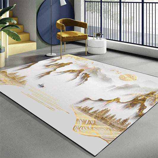 Retro Mountain Pattern Rug with Character and Bird Golden Oriental Rug Polyester Washable Anti-Slip Backing Area Rug for Living Room Clearhalo 'Area Rug' 'Rug' 1610403