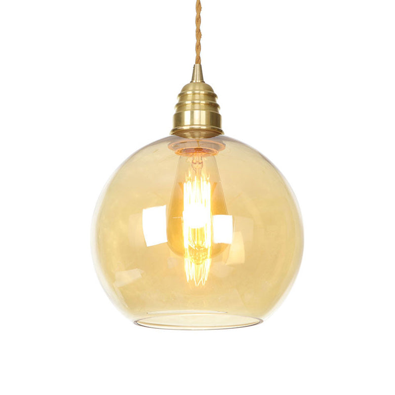 Industrial Global Pendant Lighting 1 Light Amber Glass Hanging Ceiling Light in Brass, 8" /10" /12" Wide Clearhalo 'Ceiling Lights' 'Glass shade' 'Glass' 'Industrial Pendants' 'Industrial' 'Middle Century Pendants' 'Pendant Lights' 'Pendants' 'Tiffany' Lighting' 161063