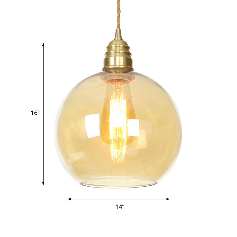 Industrial Global Pendant Lighting 1 Light Amber Glass Hanging Ceiling Light in Brass, 8" /10" /12" Wide Clearhalo 'Ceiling Lights' 'Glass shade' 'Glass' 'Industrial Pendants' 'Industrial' 'Middle Century Pendants' 'Pendant Lights' 'Pendants' 'Tiffany' Lighting' 161064