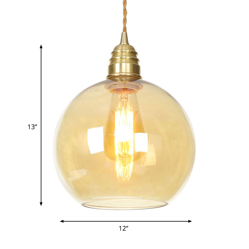 Industrial Global Pendant Lighting 1 Light Amber Glass Hanging Ceiling Light in Brass, 8" /10" /12" Wide Clearhalo 'Ceiling Lights' 'Glass shade' 'Glass' 'Industrial Pendants' 'Industrial' 'Middle Century Pendants' 'Pendant Lights' 'Pendants' 'Tiffany' Lighting' 161065