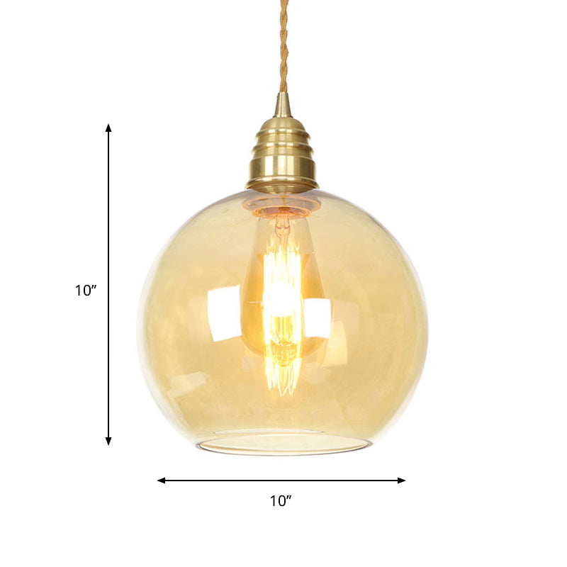 Industrial Global Pendant Lighting 1 Light Amber Glass Hanging Ceiling Light in Brass, 8" /10" /12" Wide Clearhalo 'Ceiling Lights' 'Glass shade' 'Glass' 'Industrial Pendants' 'Industrial' 'Middle Century Pendants' 'Pendant Lights' 'Pendants' 'Tiffany' Lighting' 161066