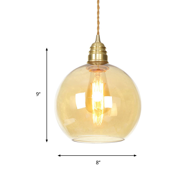 Industrial Global Pendant Lighting 1 Light Amber Glass Hanging Ceiling Light in Brass, 8" /10" /12" Wide Clearhalo 'Ceiling Lights' 'Glass shade' 'Glass' 'Industrial Pendants' 'Industrial' 'Middle Century Pendants' 'Pendant Lights' 'Pendants' 'Tiffany' Lighting' 161067