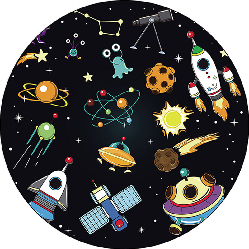 Unique Kids Rug in Black Outer Space Aircraft Planet Star Pattern Rug Polyester Pet Friendly Carpet for Nursery Clearhalo 'Area Rug' 'Rug' 1610776