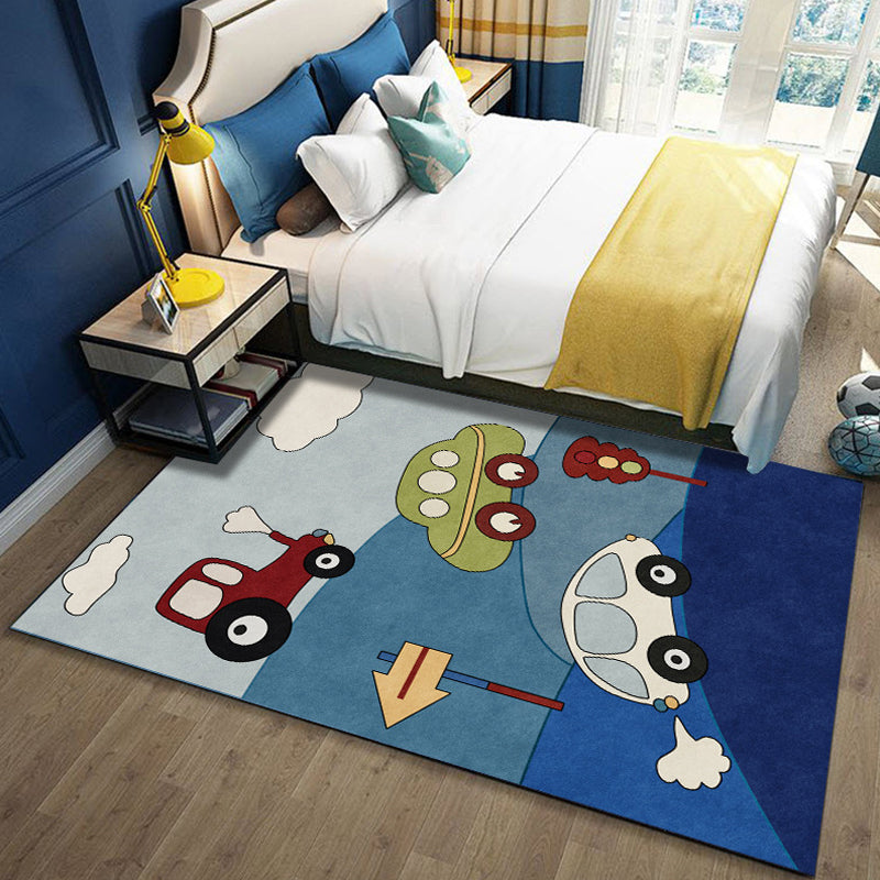 Blue Child's Room Rug Kids Cars & Roads Sign Cloud Pattern Area Rug Polyester Washable Pet Friendly Carpet Blue Clearhalo 'Area Rug' 'Rug' 1610798