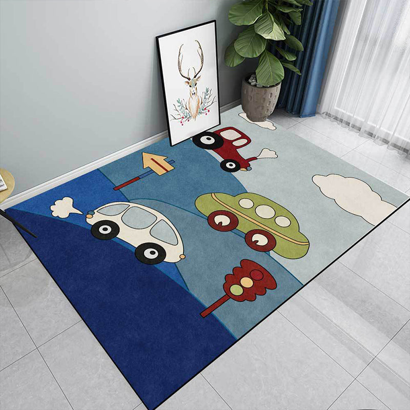 Blue Child's Room Rug Kids Cars & Roads Sign Cloud Pattern Area Rug Polyester Washable Pet Friendly Carpet Clearhalo 'Area Rug' 'Rug' 1610799