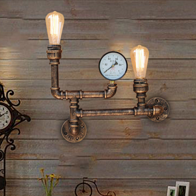 2 Lights Iron Wall Light Vintage Antique Brass Exposed Bulb Living Room Wall Mount Lamp with Pressure Gauge Clearhalo 'Art deco wall lights' 'Cast Iron' 'Glass' 'Industrial wall lights' 'Industrial' 'Middle century wall lights' 'Modern' 'Rustic wall lights' 'Tiffany' 'Traditional wall lights' 'Wall Lamps & Sconces' 'Wall Lights' Lighting' 161097