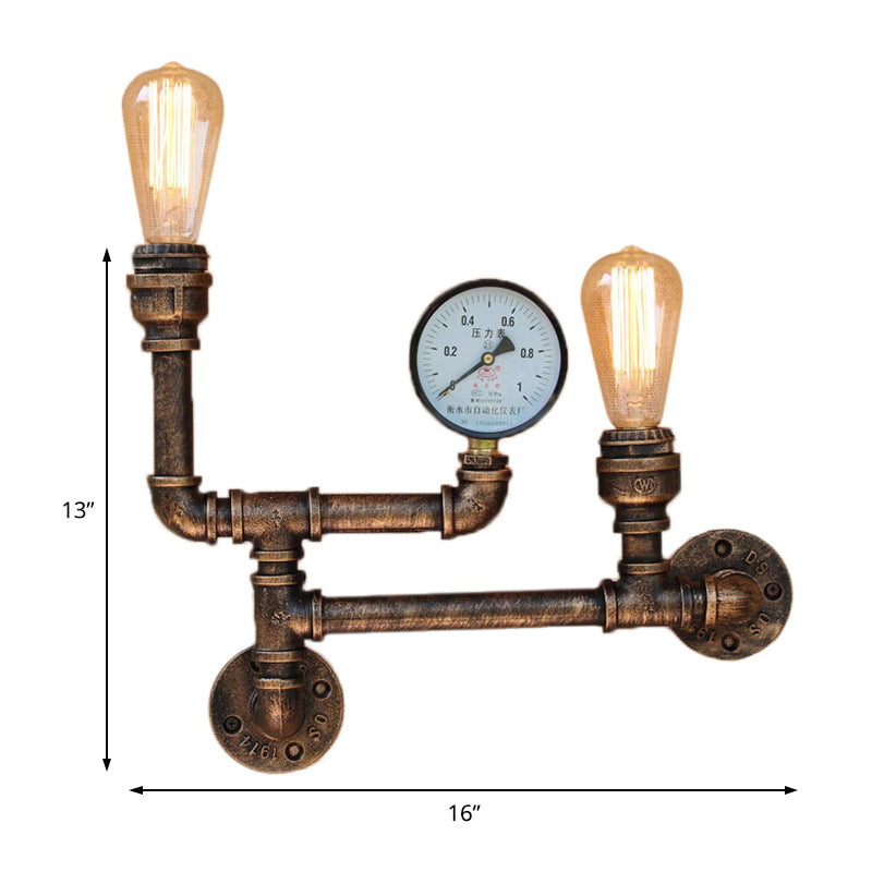 2 Lights Iron Wall Light Vintage Antique Brass Exposed Bulb Living Room Wall Mount Lamp with Pressure Gauge Clearhalo 'Art deco wall lights' 'Cast Iron' 'Glass' 'Industrial wall lights' 'Industrial' 'Middle century wall lights' 'Modern' 'Rustic wall lights' 'Tiffany' 'Traditional wall lights' 'Wall Lamps & Sconces' 'Wall Lights' Lighting' 161099