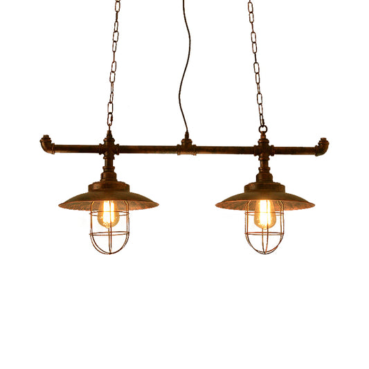 2 Lights Wire Guard Hanging Light with Pipe Design Warehouse Weathered Copper Iron Island Lighting Clearhalo 'Ceiling Lights' 'Island Lights' Lighting' 161112
