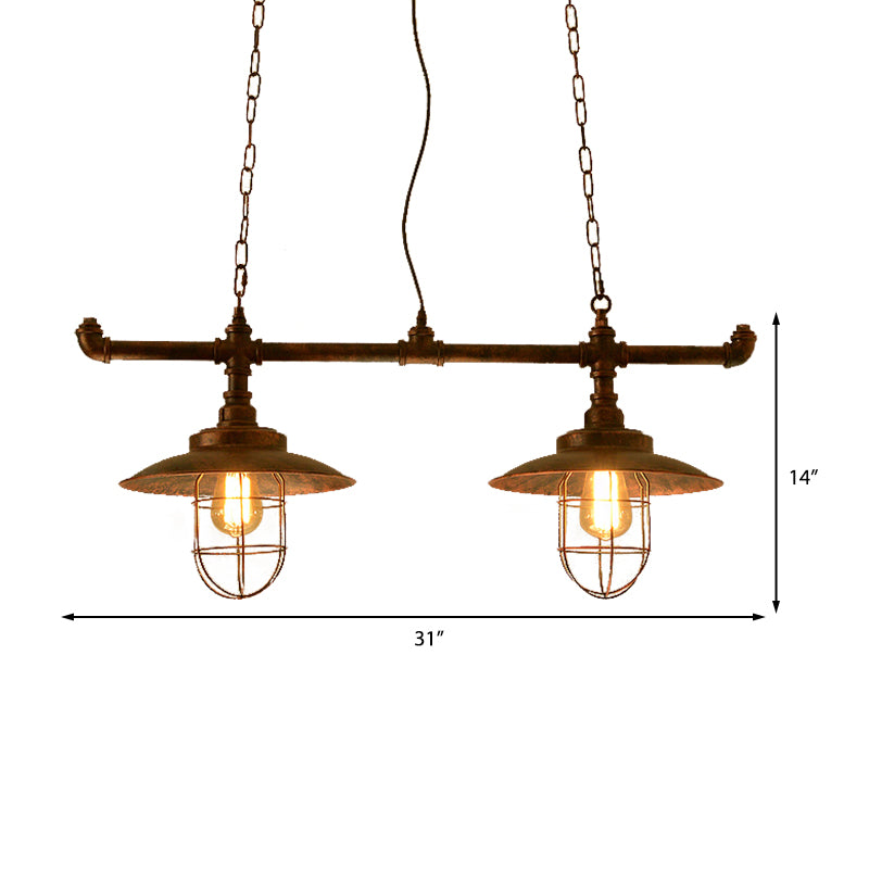 2 Lights Wire Guard Hanging Light with Pipe Design Warehouse Weathered Copper Iron Island Lighting Clearhalo 'Ceiling Lights' 'Island Lights' Lighting' 161113