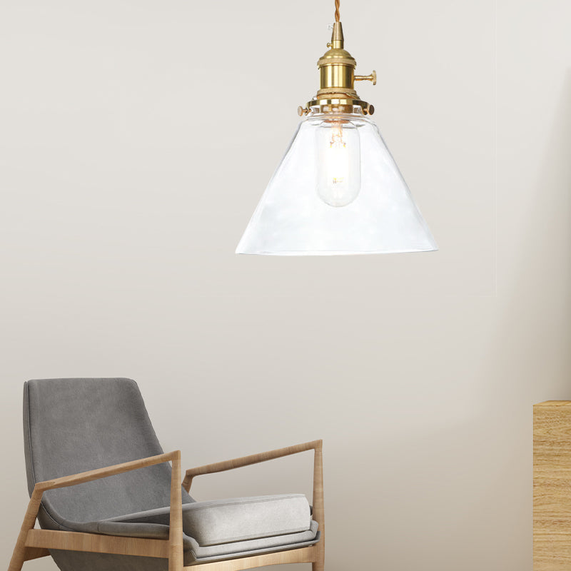 Brass 1 Light Pendant Ceiling Light Farmhouse Clear/Amber Glass Cone Lighting Fixture for Living Room Clear Clearhalo 'Ceiling Lights' 'Glass shade' 'Glass' 'Industrial Pendants' 'Industrial' 'Middle Century Pendants' 'Pendant Lights' 'Pendants' 'Tiffany' Lighting' 161150