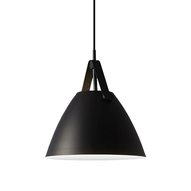 Modernist Conical Pendant Lighting 10.5"/14" W 1 Bulb Metallic Suspension Light with Leather Strap in Black/Blue over Table Clearhalo 'Ceiling Lights' 'Modern Pendants' 'Modern' 'Pendant Lights' 'Pendants' Lighting' 161190