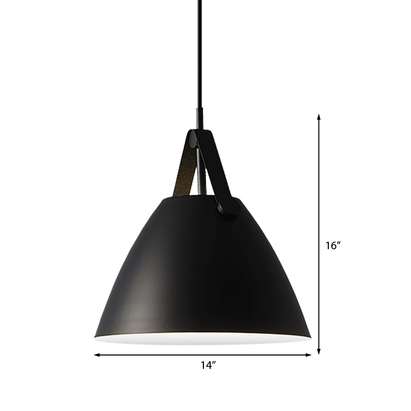 Modernist Conical Pendant Lighting 10.5"/14" W 1 Bulb Metallic Suspension Light with Leather Strap in Black/Blue over Table Clearhalo 'Ceiling Lights' 'Modern Pendants' 'Modern' 'Pendant Lights' 'Pendants' Lighting' 161191